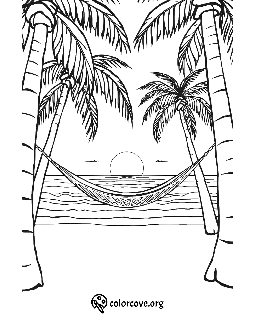 Coloring page of a serene beach scene with palm trees, hammock, and sunset over the ocean. Relaxing tropical setting.