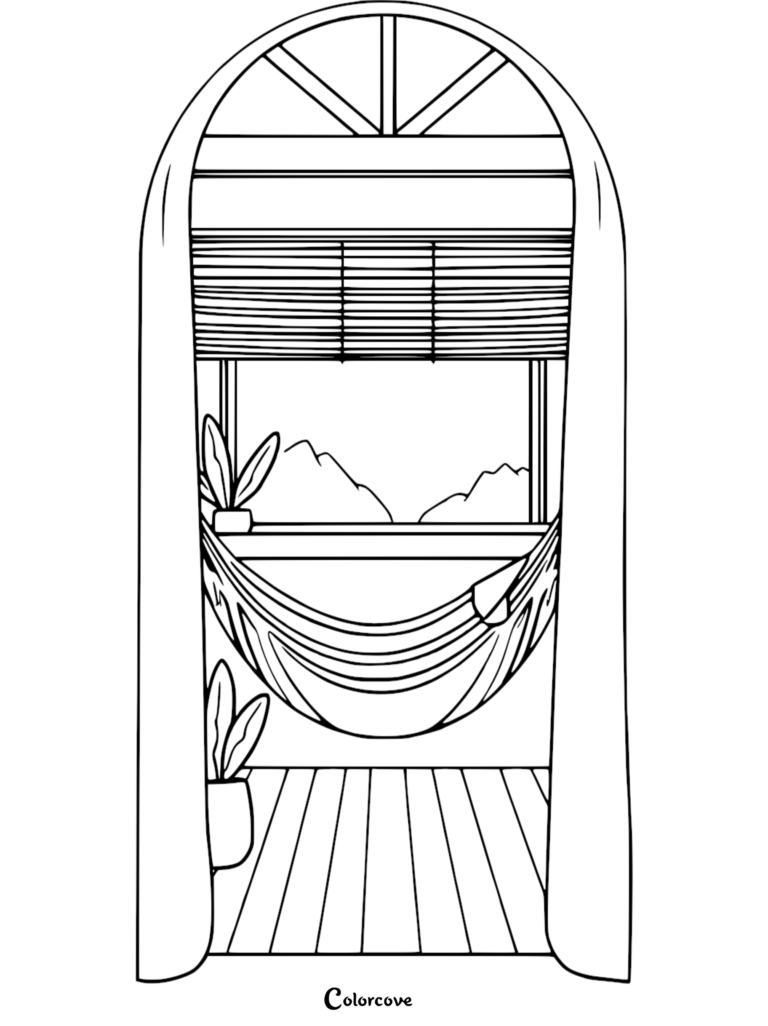 A relaxing hammock coloring page featuring a cozy balcony scene with a hammock, potted plants, and a mountain view through an arched window.