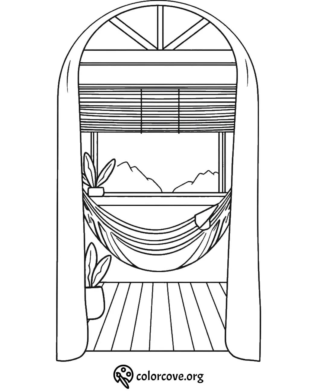 Hammock by window coloring page featuring mountains, plants, and curtains in a cozy room. Relaxing and creative activity.