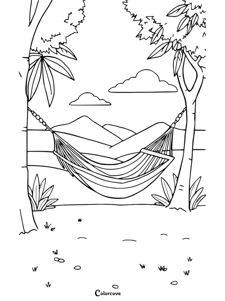 A relaxing hammock coloring page featuring a hammock strung between two trees with mountain scenery in the background.