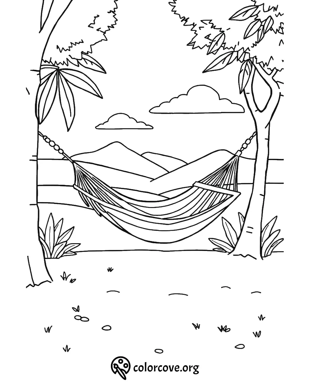 Hammock hanging between trees with mountains and clouds in the background, coloring page by colorcove.org.