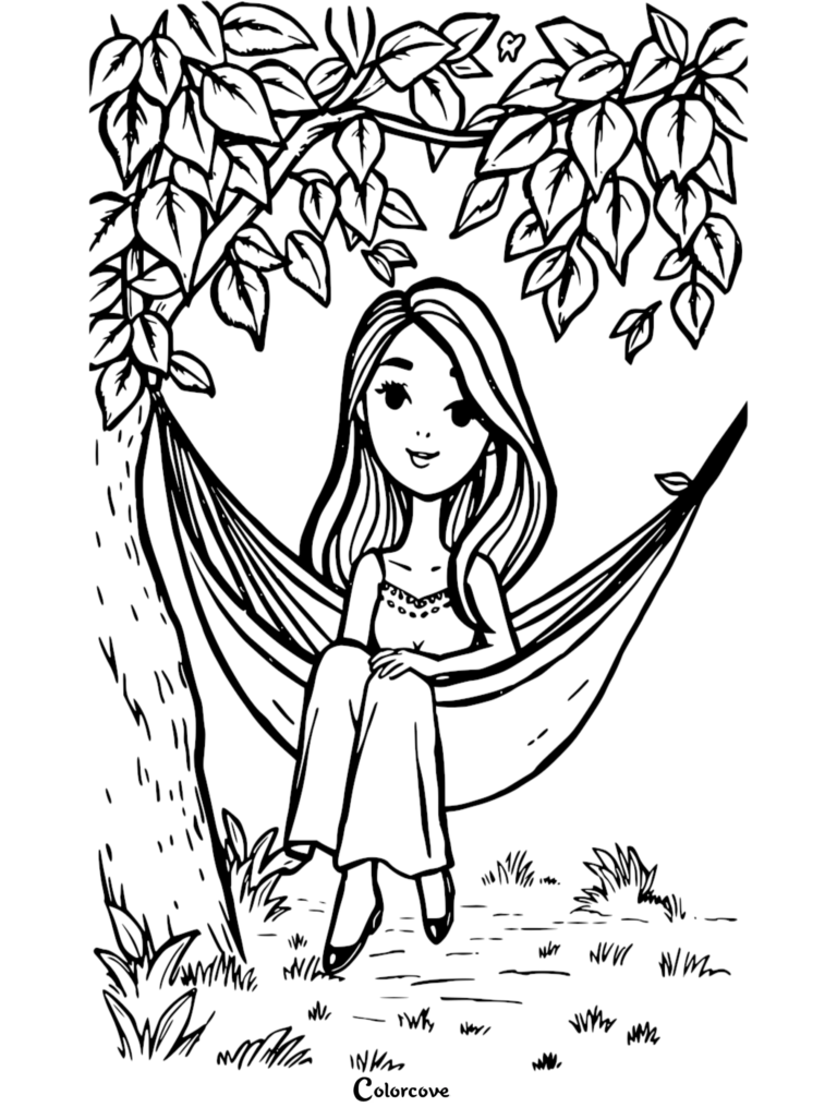 A young woman with long hair sitting in a hammock under a leafy tree, printable coloring page.