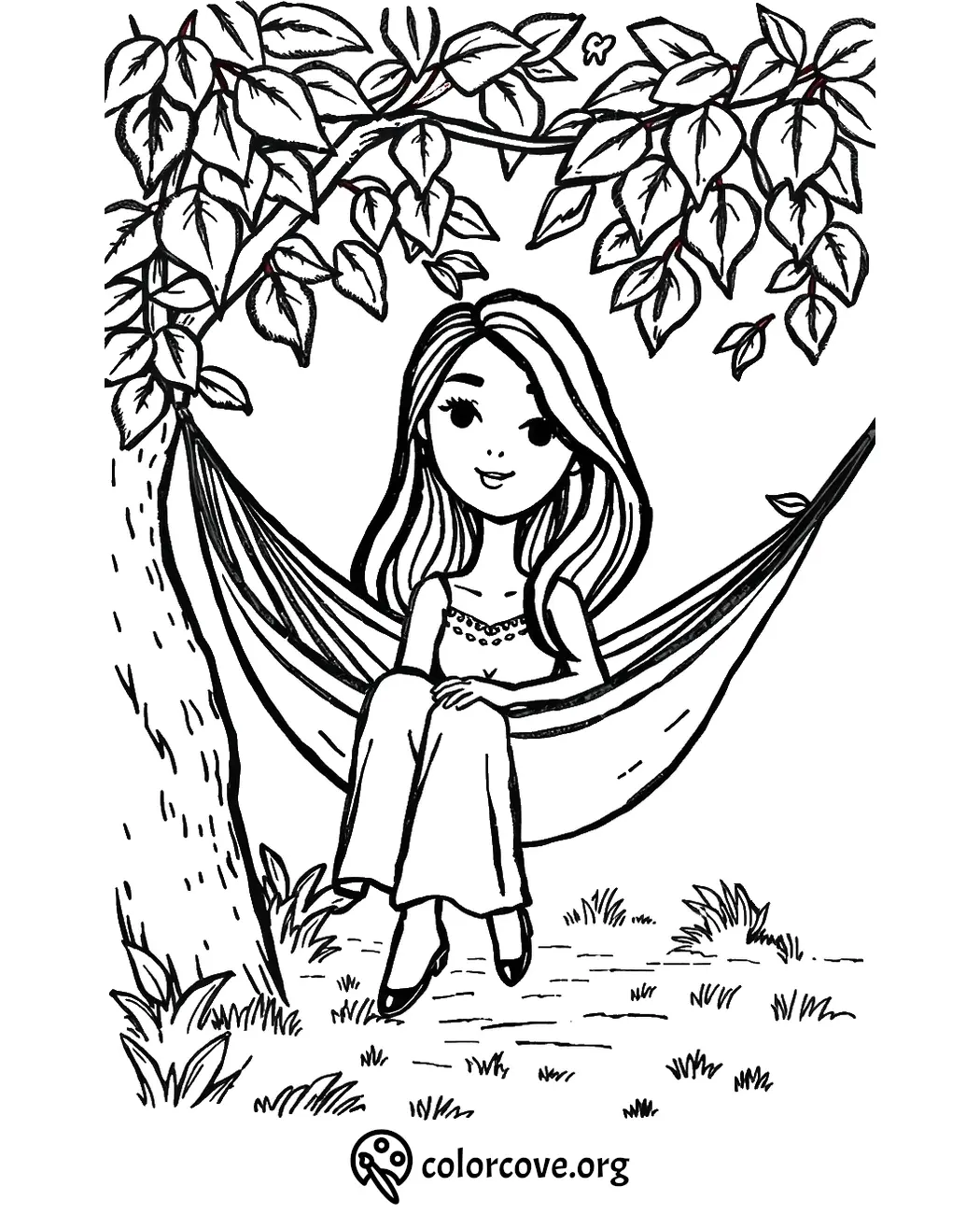 Girl relaxing in a hammock under a tree in a coloring page. Perfect for creative coloring activities.