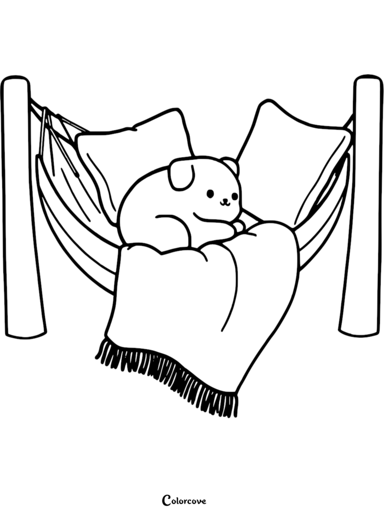 A cute puppy resting on a hammock with pillows and a fringed blanket in this free printable coloring page.