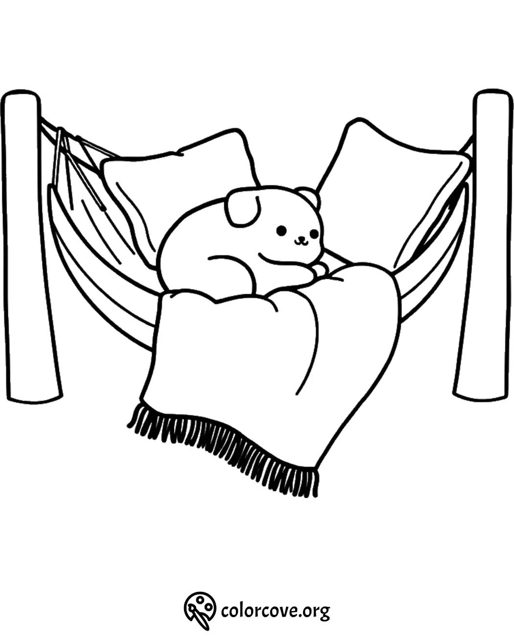 Cute puppy relaxing on a hammock coloring page with blankets and pillows. Illustration for kids.