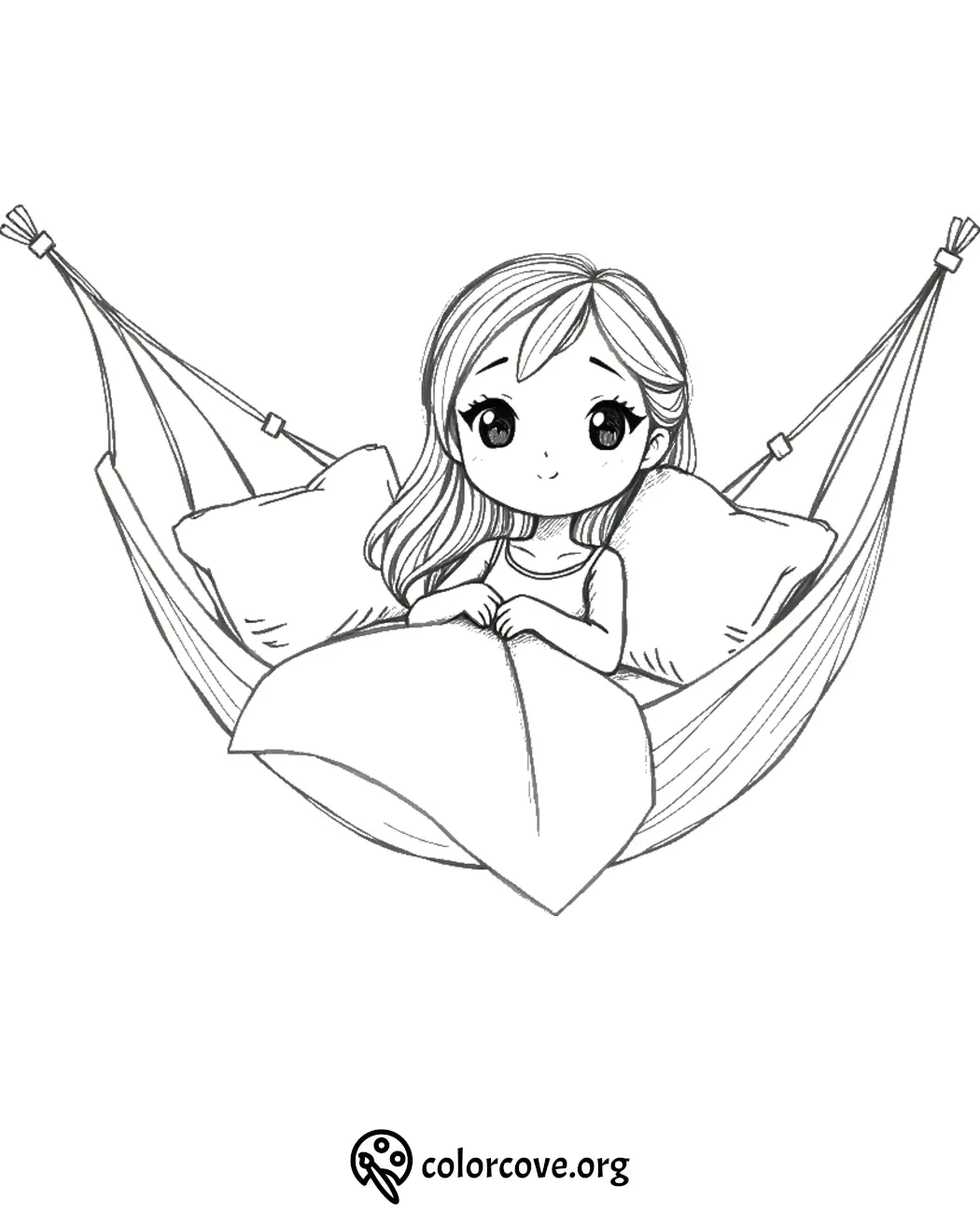 Cute girl in hammock coloring page, relaxing with pillows and blanket. Perfect for kids' creativity and fun coloring.