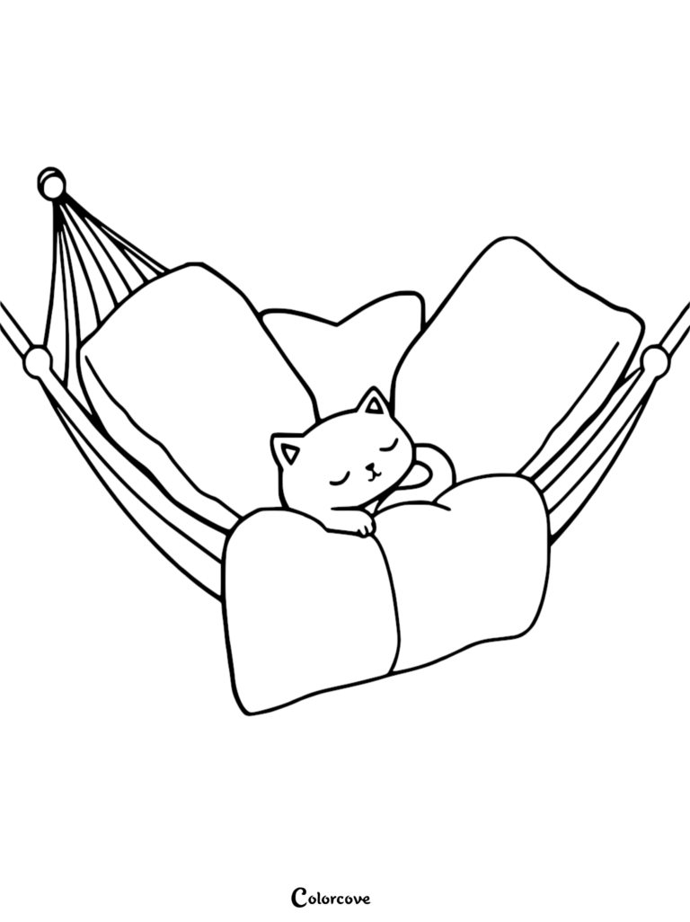 A cute cat sleeping peacefully on pillows inside a hammock coloring page.