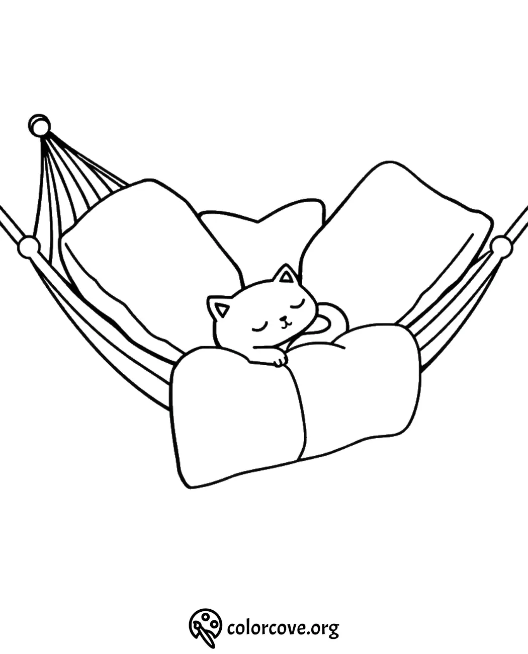 Cute cat sleeping on a hammock coloring page. Perfect for relaxing and creative coloring activities.