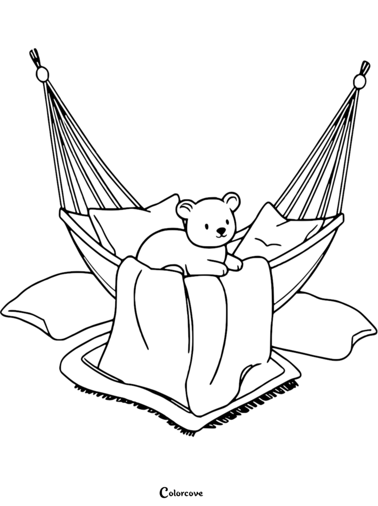 A cute teddy bear resting inside a cozy hammock with pillows and a blanket in this free printable coloring page.