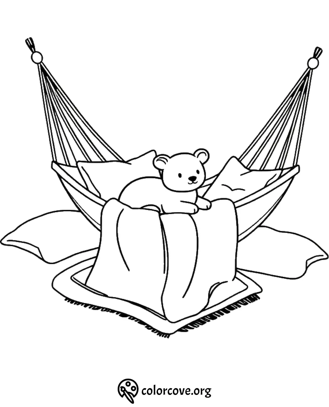 Teddy bear relaxing in a cozy hammock coloring page for kids. Perfect for a fun and creative activity.