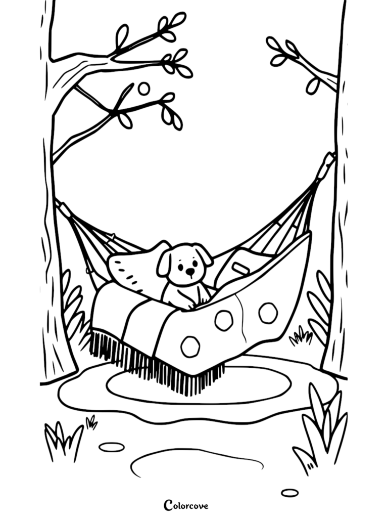 A cute puppy resting in a polka-dot hammock between two trees, coloring page.