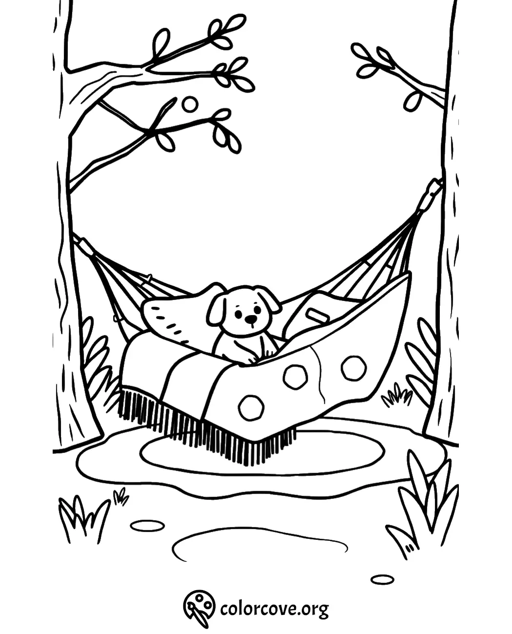 Cute dog relaxing in a hammock between trees, perfect for coloring fun. Coloring page for kids or adults.