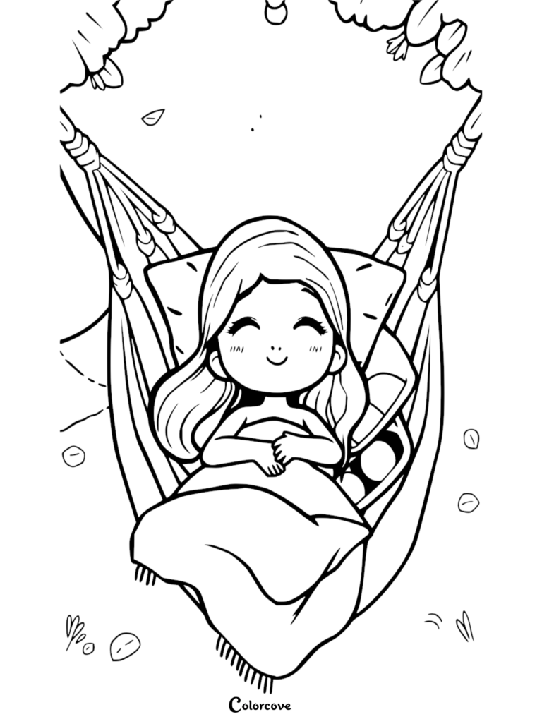 A cute girl with long hair resting peacefully in a hammock, printable coloring page.