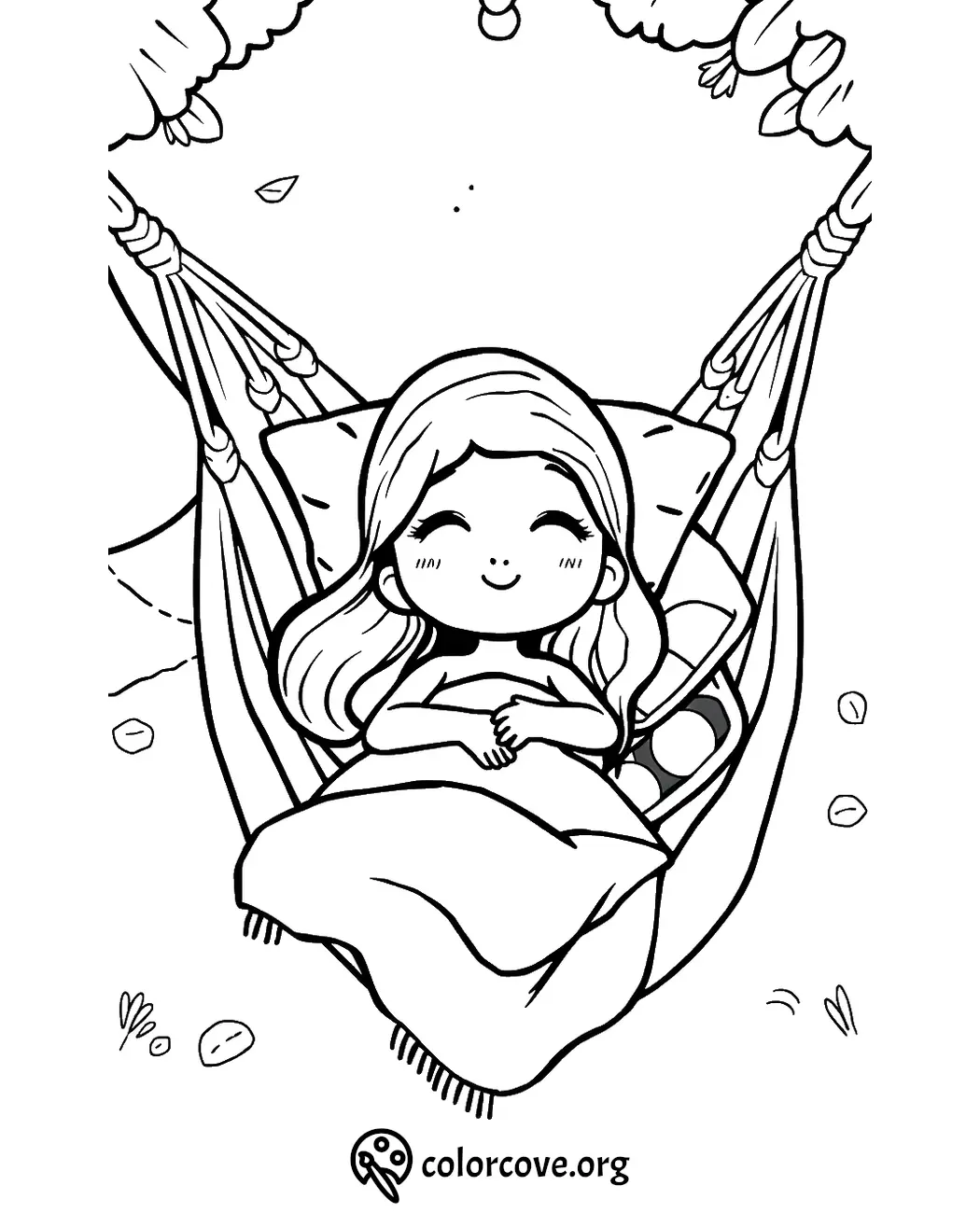 Girl relaxing in a hammock coloring page, perfect for kids' creative coloring activities.