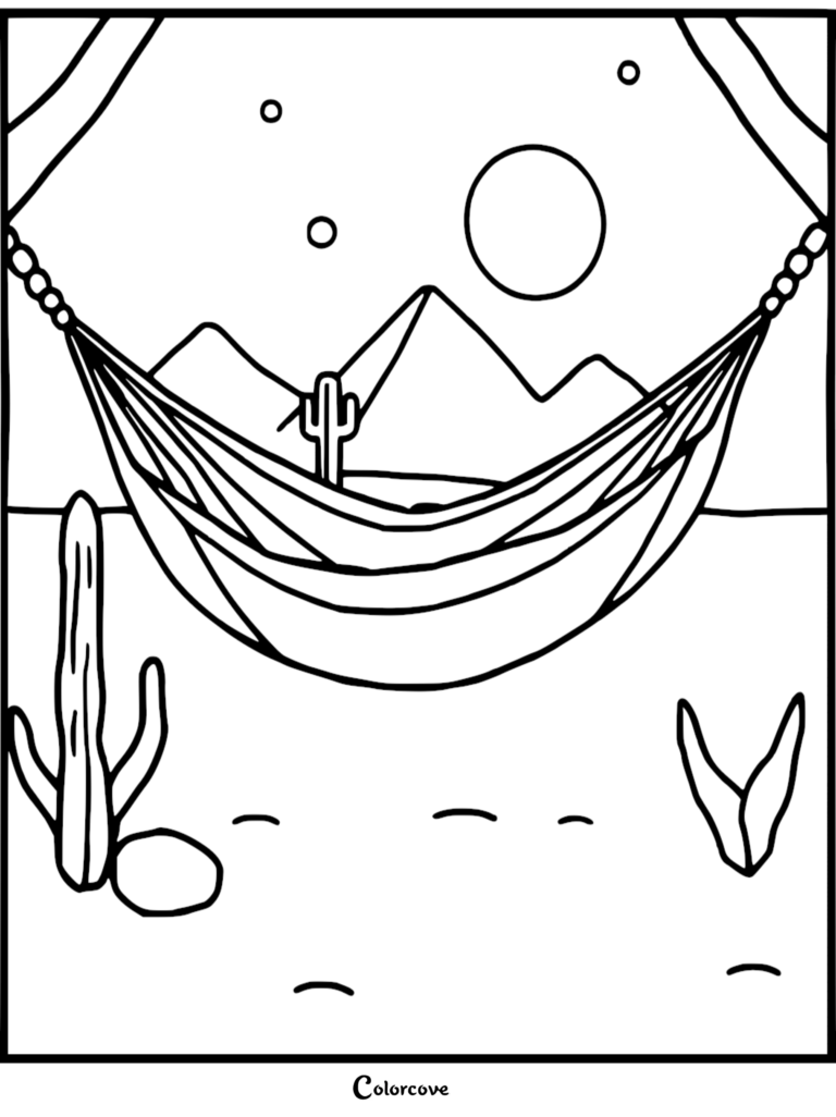 A relaxing hammock coloring page featuring a desert landscape with cacti, mountains, and a bright sun.