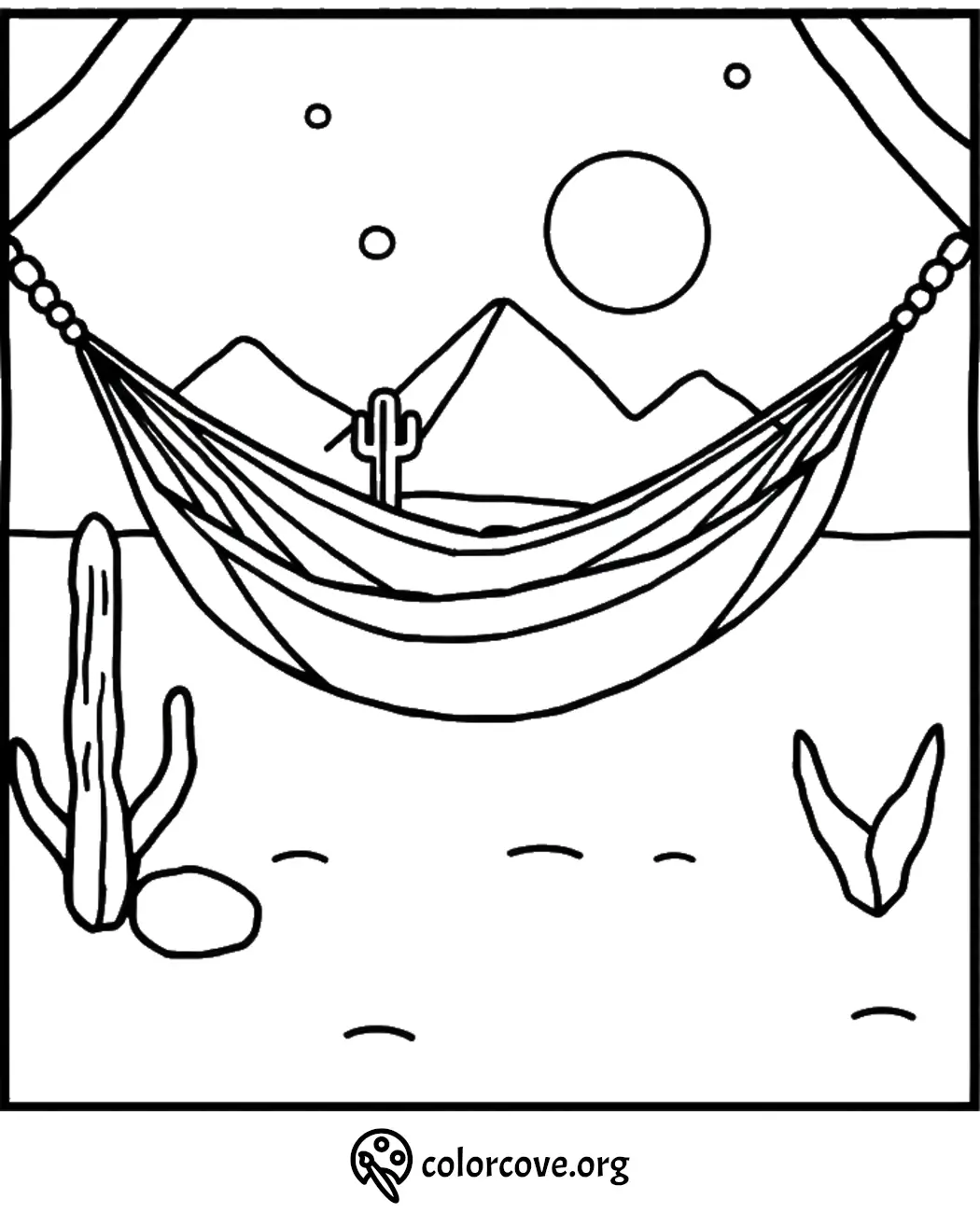 Desert hammock coloring page with mountains, cacti, and a bright sun. Perfect for relaxing and creative coloring fun!