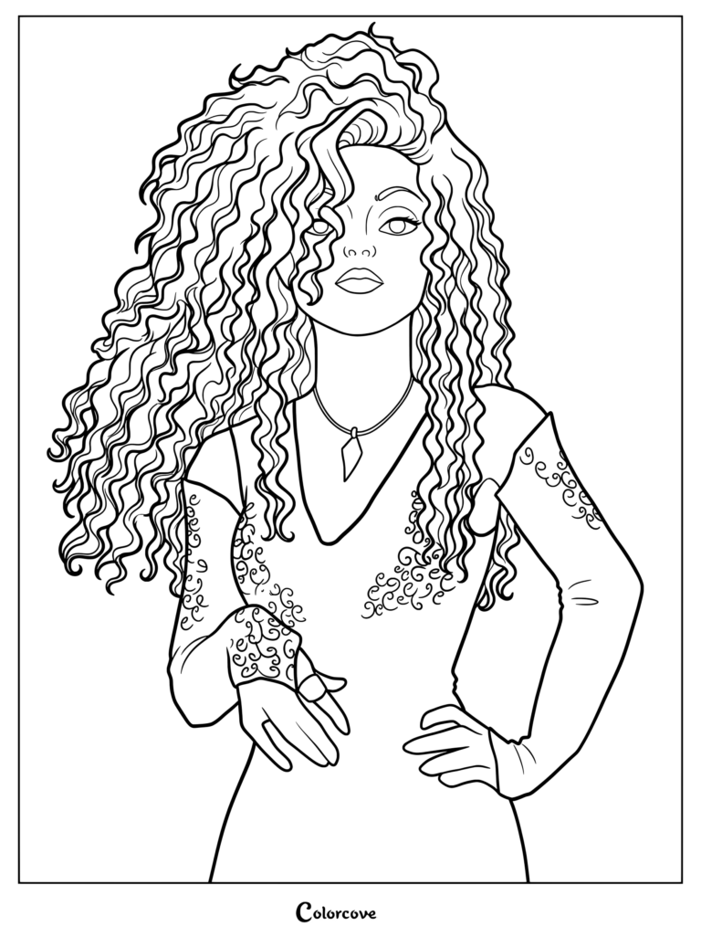 Página para colorear de Bellatrix Lestrange con su salvaje cabello rizado y túnicas detalladas