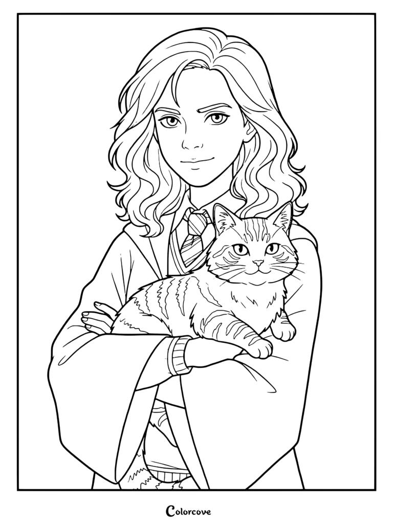 Página para colorear de Hermione Granger, de la saga Harry Potter, sosteniendo a su gato mitad Kneazle, Crookshanks