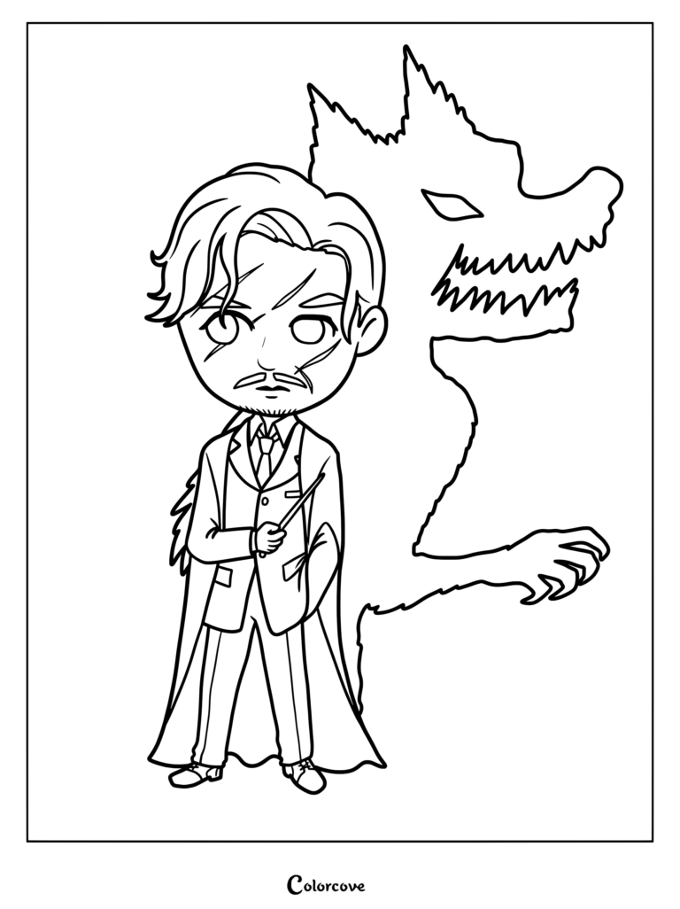 Página para colorear de Remus Lupin, de la saga Harry Potter, ilustrado por la artista Naomi Lord, mostrando su sombra de hombre lobo