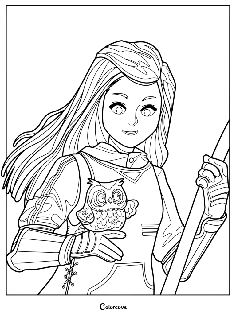 Página para colorear detallada de Cho Chang sosteniendo una pequeña lechuza y una escoba