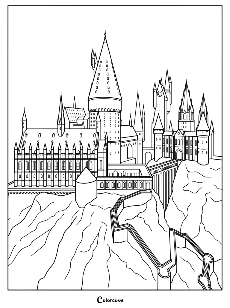 Dibujo lineal detallado del Castillo de Hogwarts con imponentes torres y acantilados rocosos para colorear
