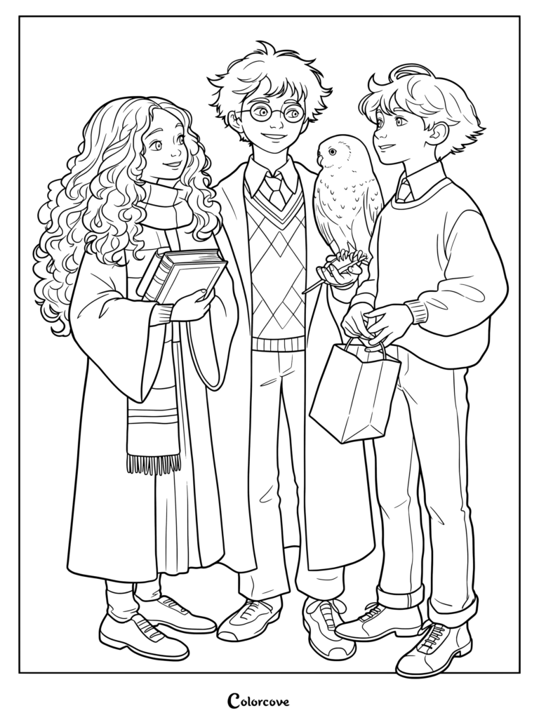 Página para colorear de Harry Potter con Harry, Hermione sosteniendo libros, Ron sosteniendo una bolsa de regalo y Hedwig posada en el brazo de Harry.