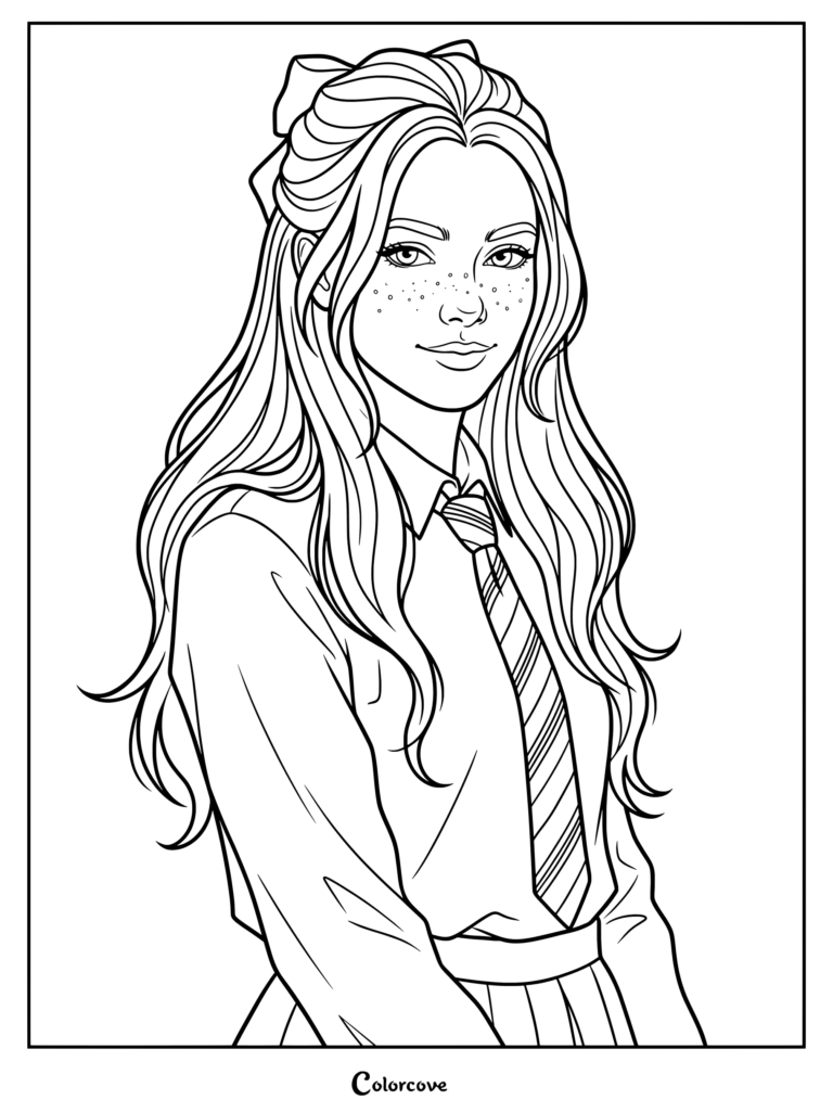Página para colorear imprimible de Ginny Weasley con uniforme de Hogwarts, corbata a rayas y un lazo en el pelo