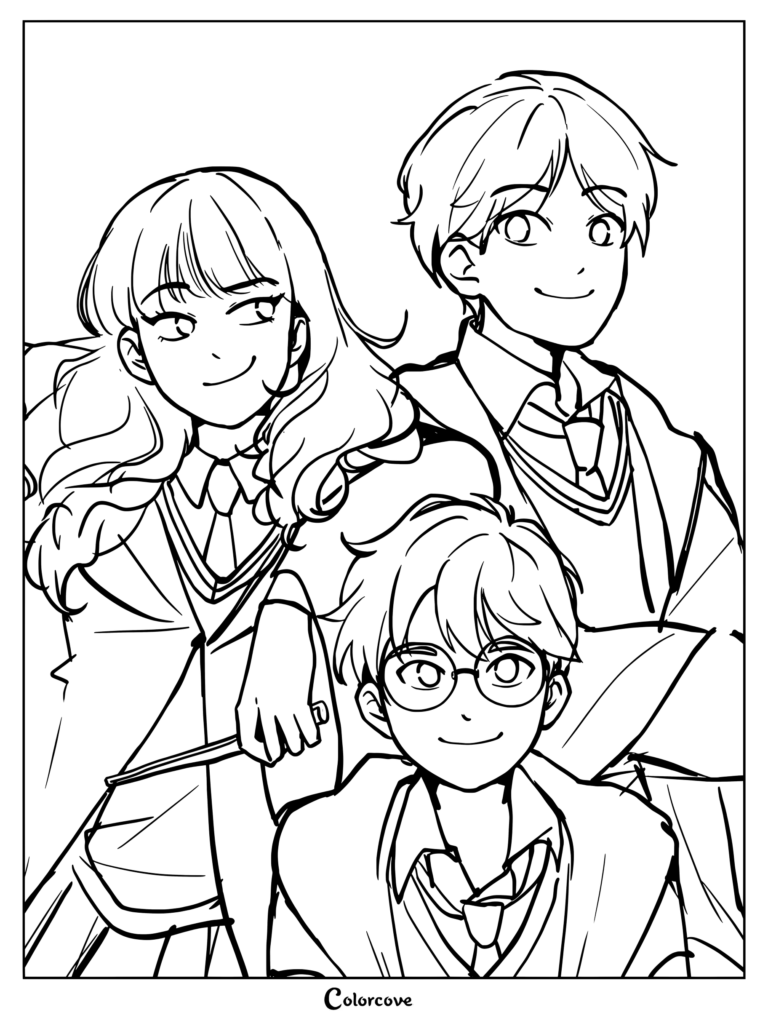 Página para colorear imprimible del Trío Dorado con Harry Potter en primer plano luciendo sus gafas redondas y cicatriz de rayo, flanqueado por Hermione Granger con su característico pelo encrespado y Ron Weasley con cabello pelirrojo, vistiendo uniformes de Gryffindor