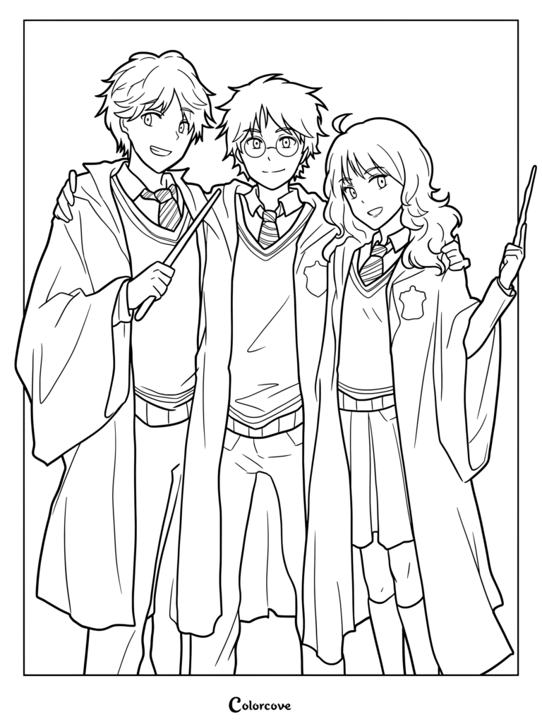 Página para colorear imprimible del Trío Dorado de la serie de Harry Potter, con Ron Weasley, Harry Potter y Hermione Granger posando juntos