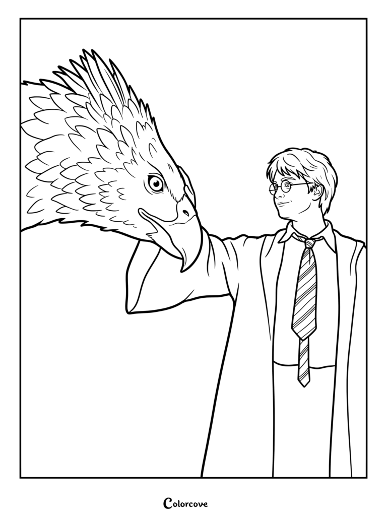 Página para colorear de Harry y Buckbeak que muestra a Harry Potter acariciando suavemente al majestuoso hipogrifo