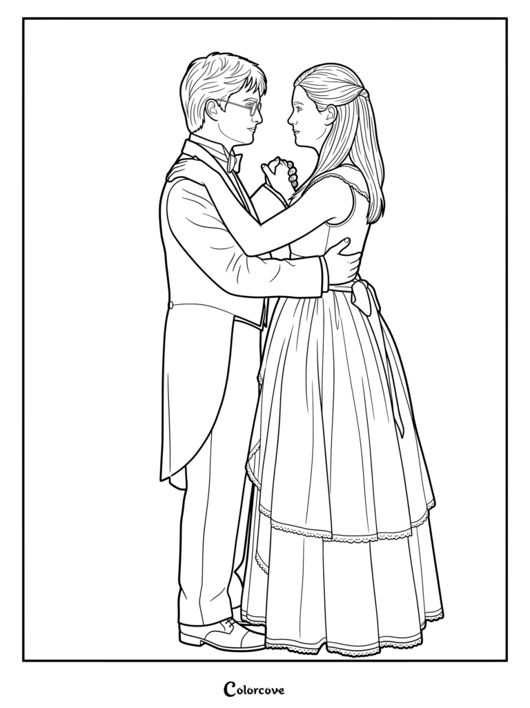 Página para colorear imprimible de Harry y Ginny bailando juntos en un evento formal