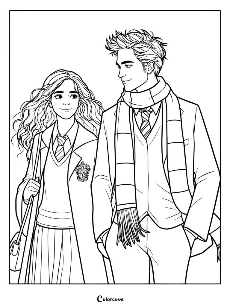 Página para colorear gratis de Cedric Diggory con bufanda y Hermione Granger caminando juntos