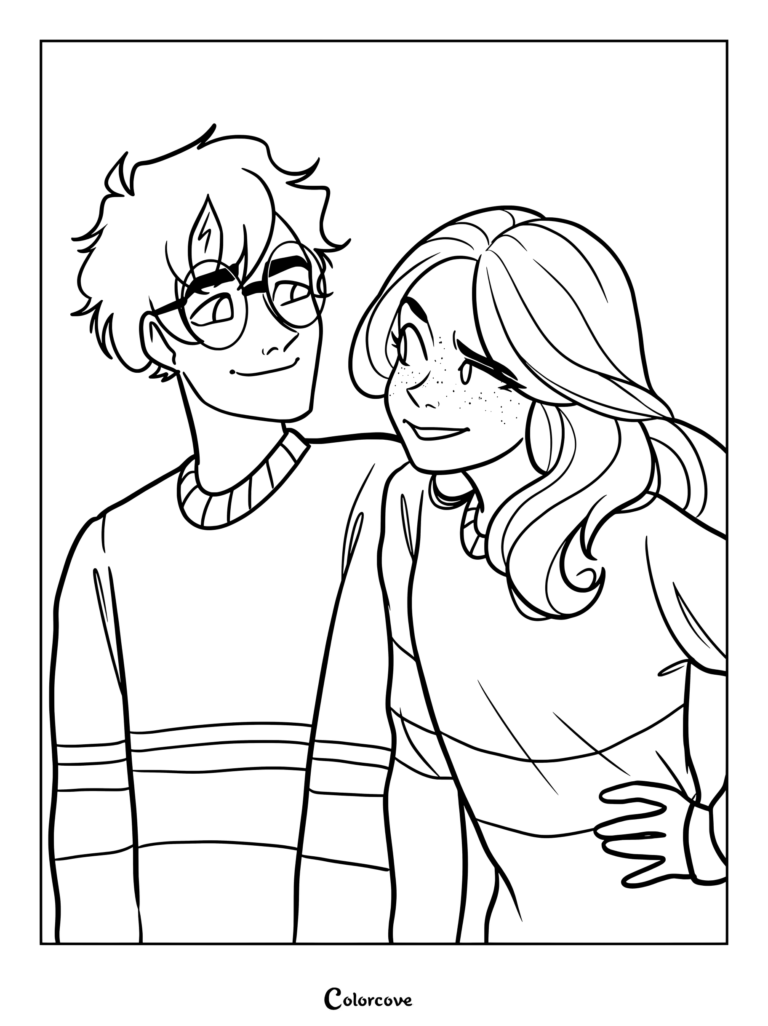 Página para colorear de Harry Potter y Ginny Weasley sonriendo juntos