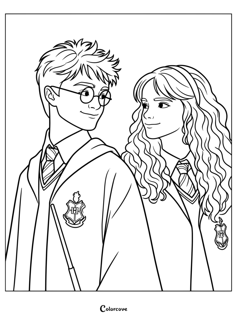Página para colorear imprimible de Harry Potter y Hermione Granger juntos con uniformes de Hogwarts