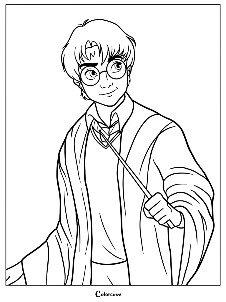 Página para colorear de Harry Potter como un joven mago vistiendo su uniforme de Gryffindor en Hogwarts