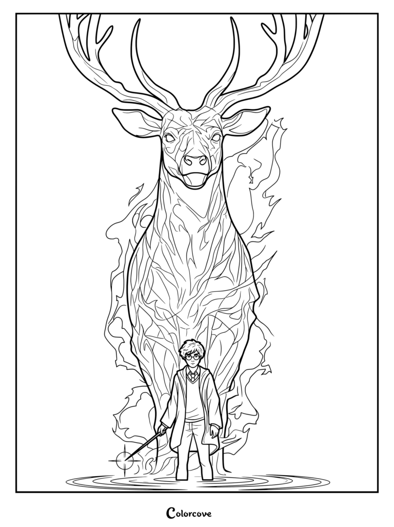 Página para colorear imprimible de Harry Potter lanzando un encantamiento de Patronus ciervo luminoso y resplandeciente sobre una masa de agua
