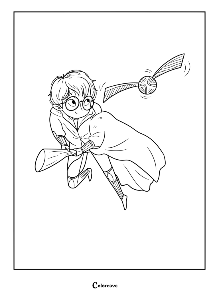 Página para colorear de Harry Potter con su túnica de Gryffindor volando en una escoba Nimbus 2000 mientras persigue una Snitch Dorada