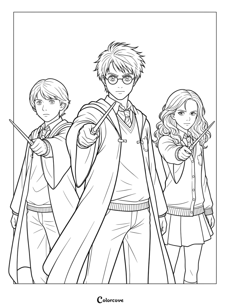 Página para colorear del trío principal de Harry Potter, con Harry Potter, Ron Weasley y Hermione Granger sosteniendo sus varitas