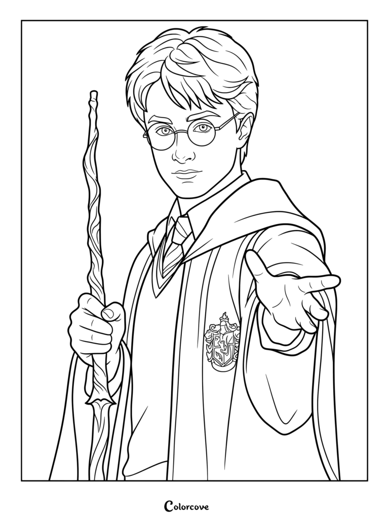 Página para colorear de Harry Potter vistiendo el uniforme de la casa Gryffindor y sosteniendo una varita mágica
