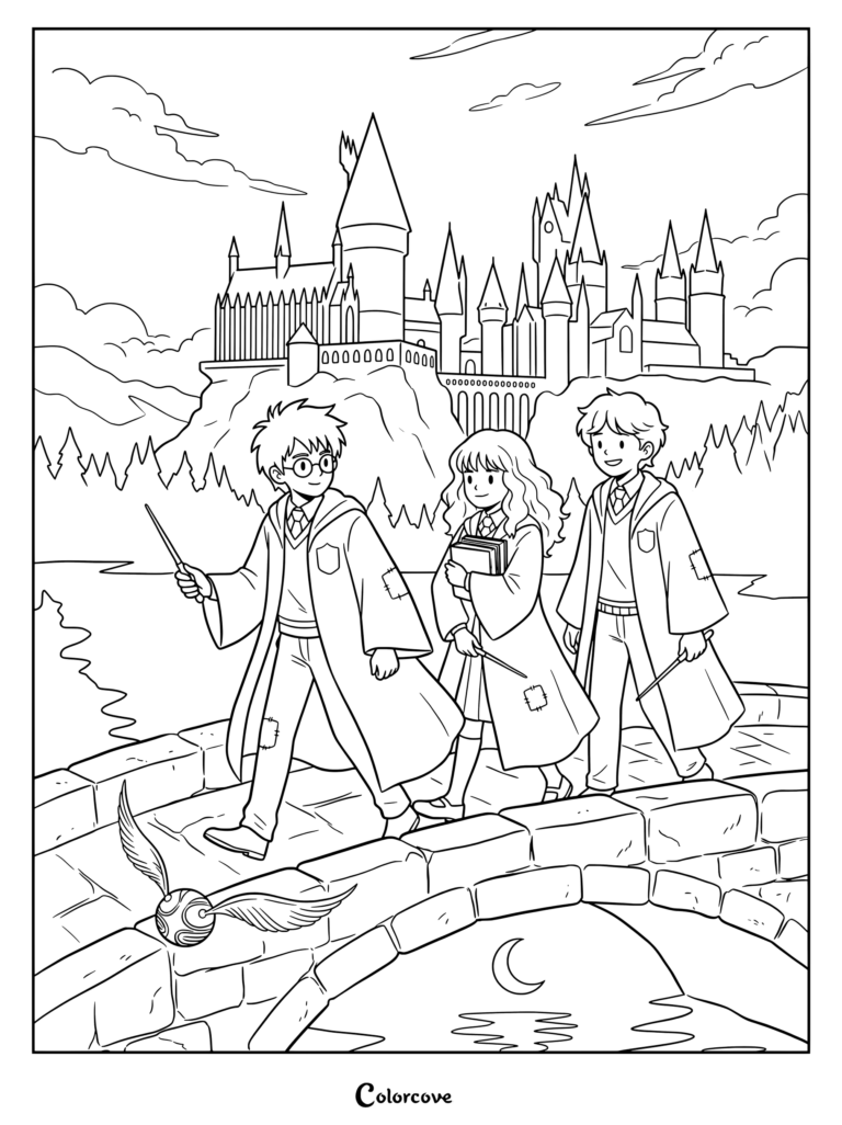 Página para colorear de Harry Potter, Hermione Granger y Ron Weasley cruzando un puente de piedra cerca de Hogwarts al atardecer, con una Snitch Dorada flotando cerca