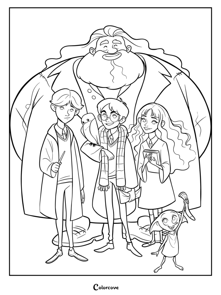Página para colorear de Harry Potter, Ron Weasley, Hermione Granger, Rubeus Hagrid y Dobby el elfo doméstico