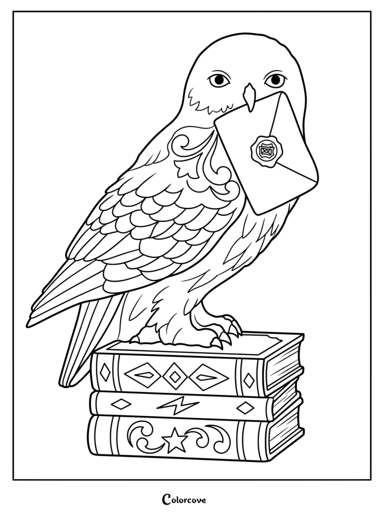 Página para colorear imprimible de Hedwig sosteniendo una carta de Hogwarts en su pico mientras se posa sobre una pila de libros de hechizos