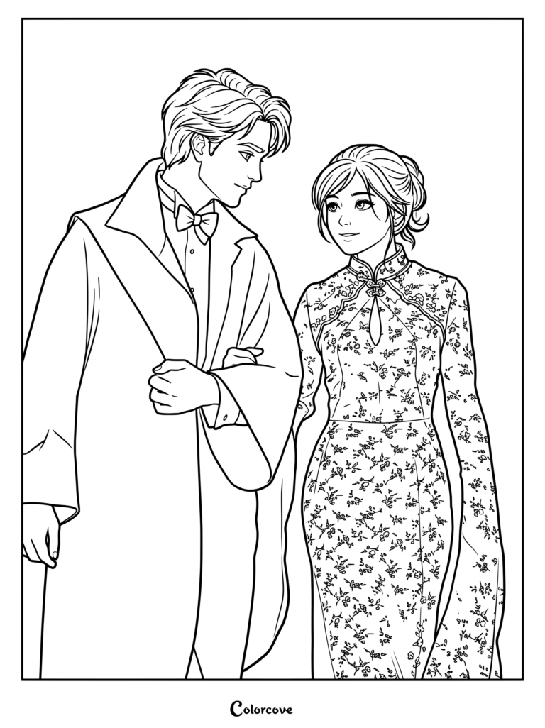 Página para colorear de Cedric Diggory y Cho Chang vistiendo trajes formales del Baile de Navidad
