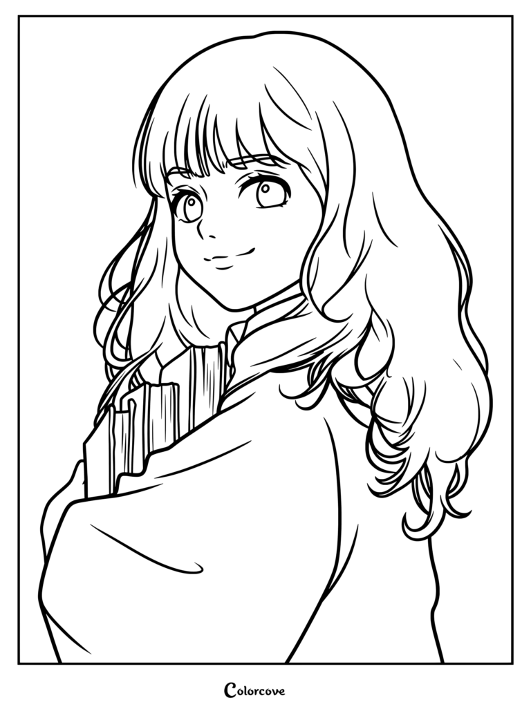 Página para colorear de Hermione Granger sosteniendo libros
