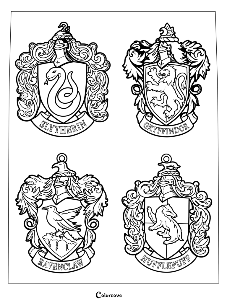 Página para colorear del conjunto de escudos de las casas de Hogwarts, con los escudos de Slytherin, Gryffindor, Ravenclaw y Hufflepuff