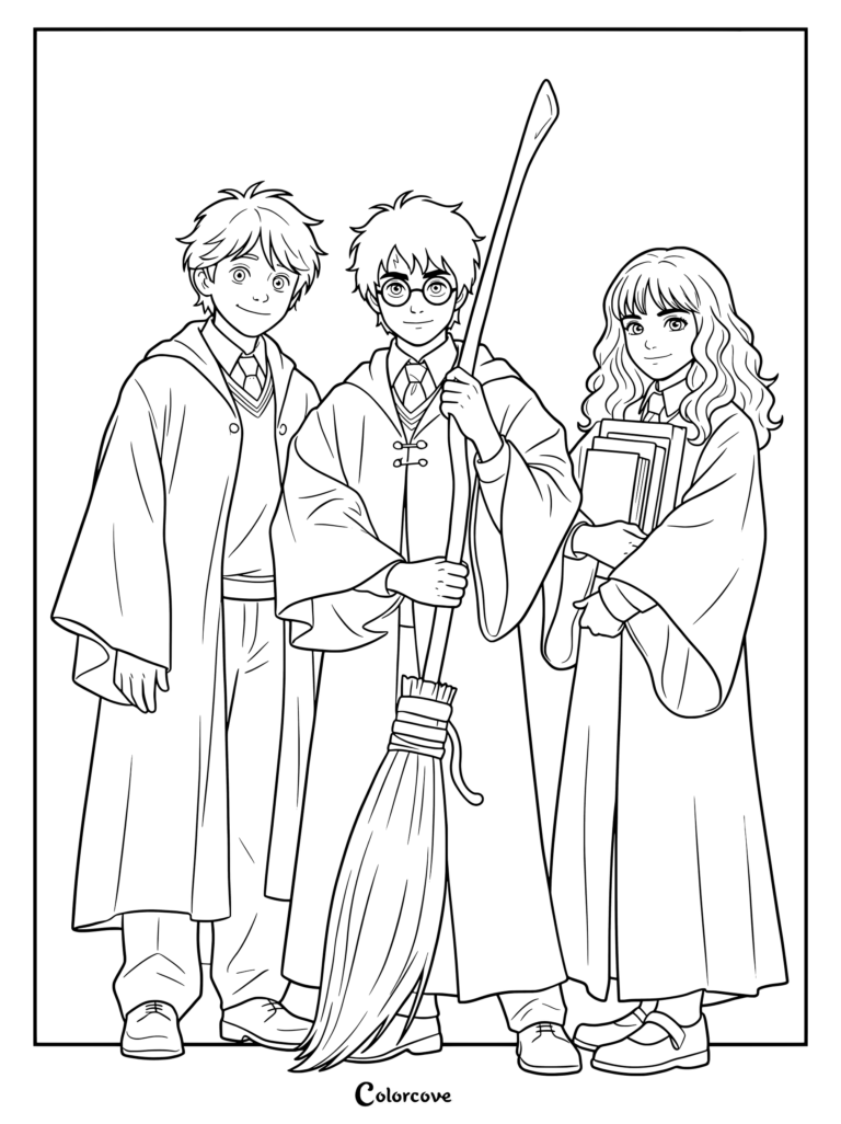 Ron Weasley, Harry Potter, and Hermione Granger standing together.