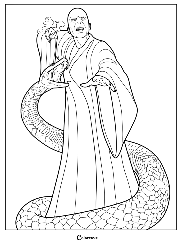 Página para colorear de Lord Voldemort y Nagini con el mago oscuro lanzando un hechizo mientras la enorme serpiente se enrosca cerca