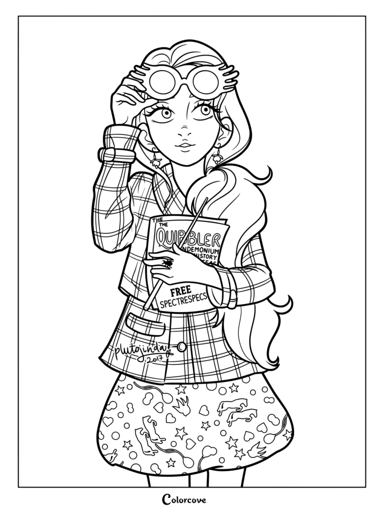 Página para colorear de Luna Lovegood sosteniendo El Quisquilloso