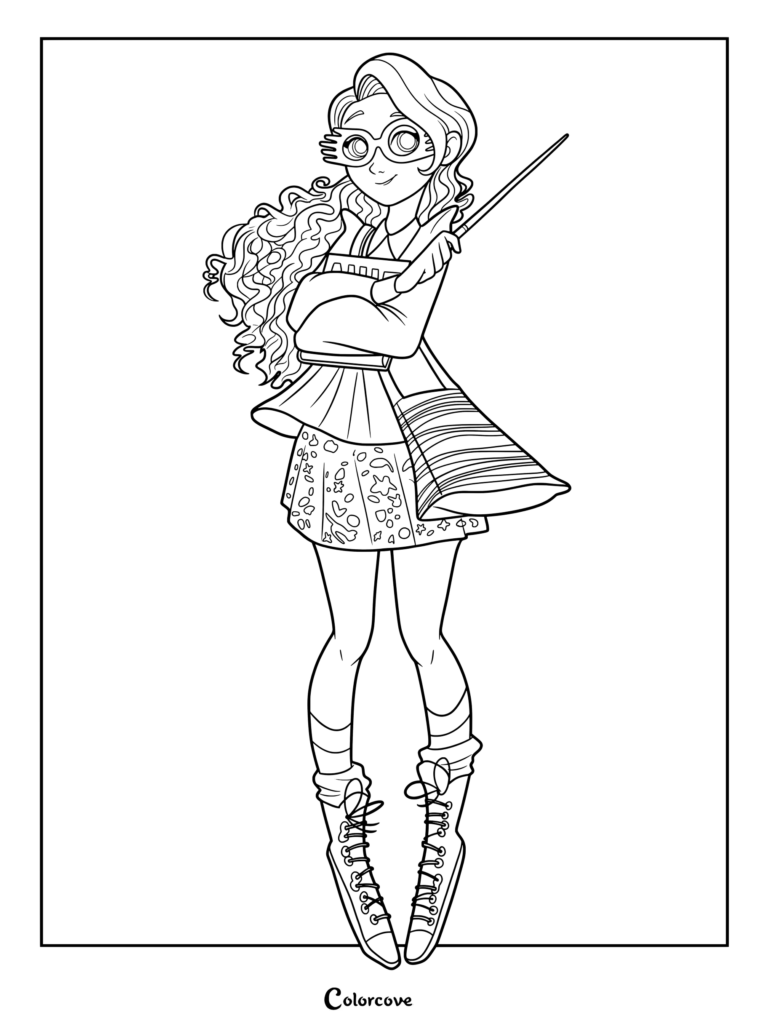 Página para colorear de Luna Lovegood con Espectrogafas y sosteniendo una varita