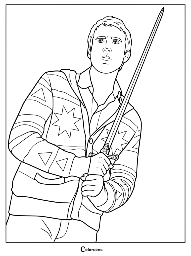 Página para colorear imprimible de Neville Longbottom sosteniendo la Espada de Gryffindor
